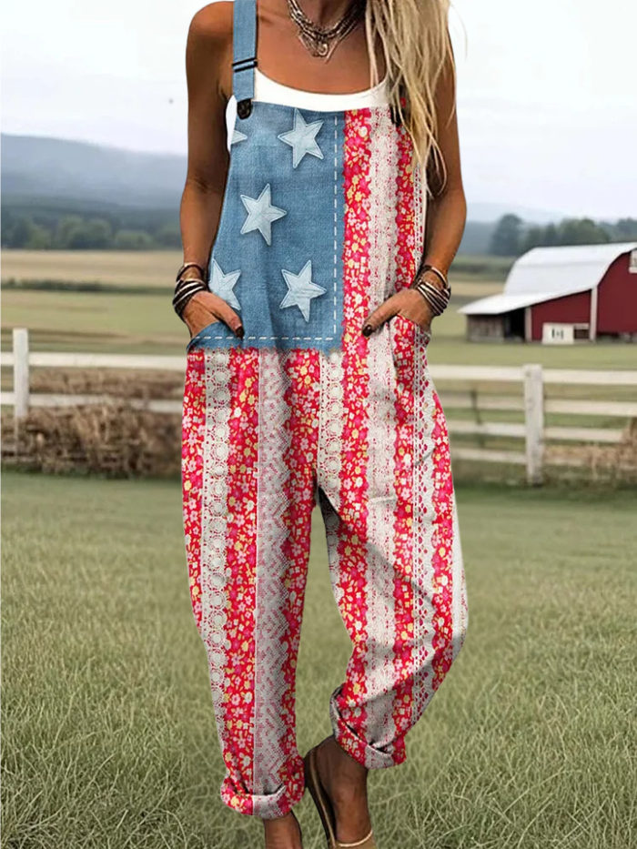 Women's Vintage Independence Day Floral Print Casual Jumpsuit