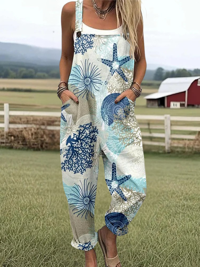 Cheyenne - Women's Holiday Style Starfish And Seahorse Pattern Print Casual Wide Leg Jumpsuit